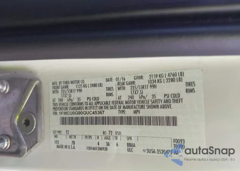 2016 Ford Escape Se z USA, uszkodzony, nr VIN 1FMCU0G90GUC45367